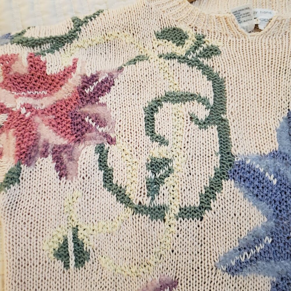 Hand Knit Mohair Linen Cotton Ramie Jennifer Reed L Floral Pink Sweater - Picture 6 of 8